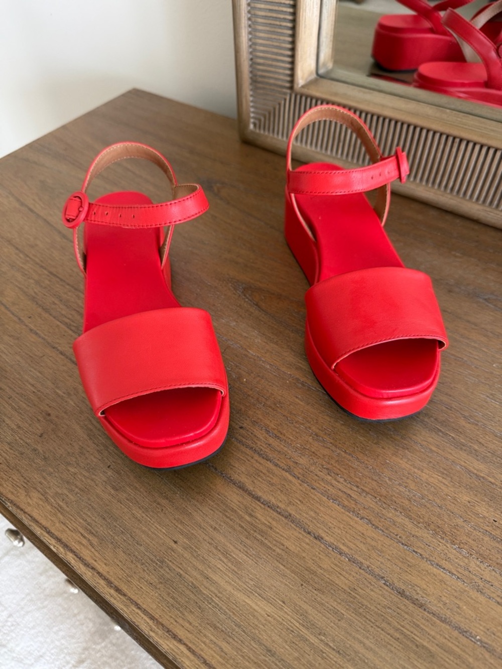 Camper Red Leather Platform Wedge Sandals